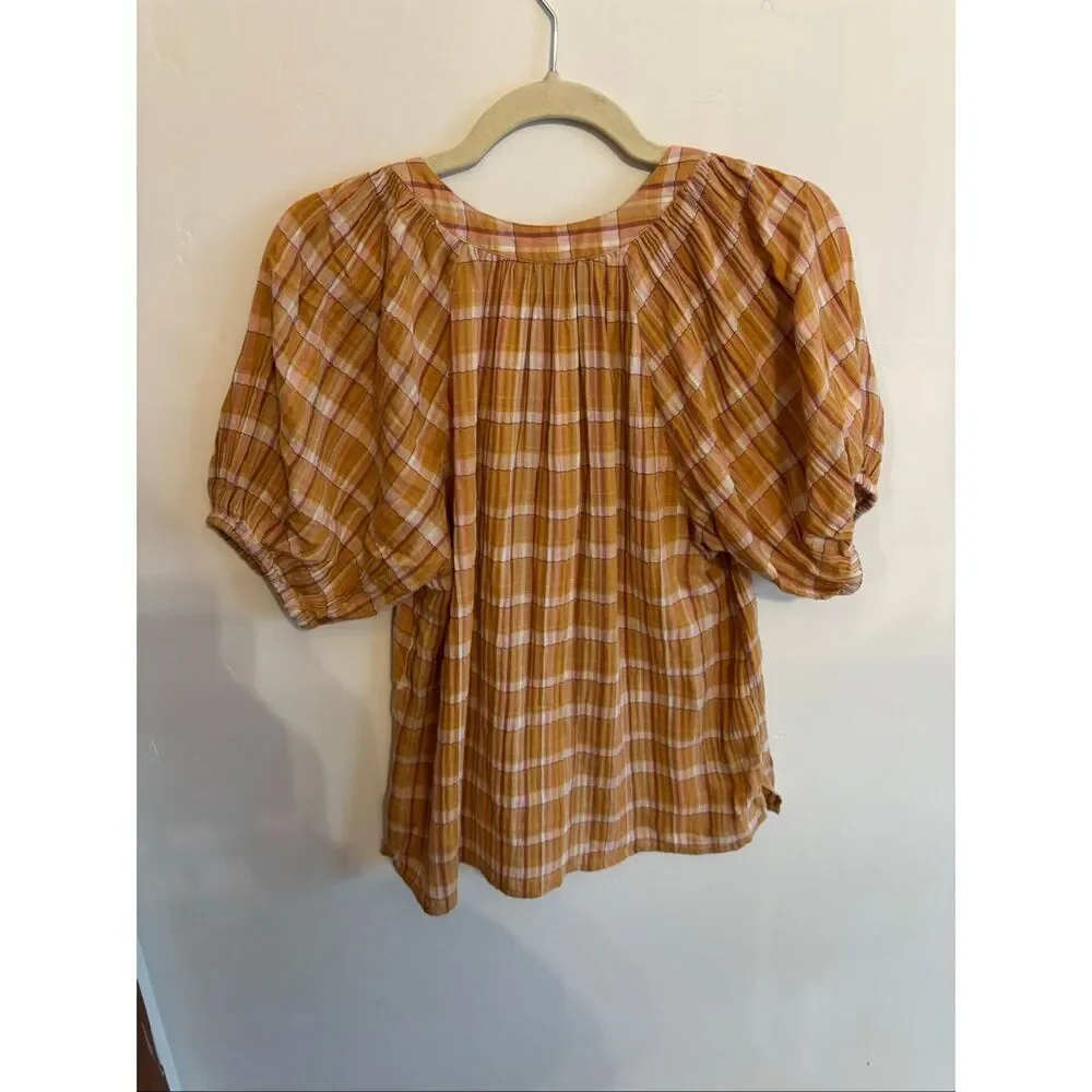 LOFT Yellow Plaid Tie Front Blouse Small Puff Sleeve Lightweight Cotton